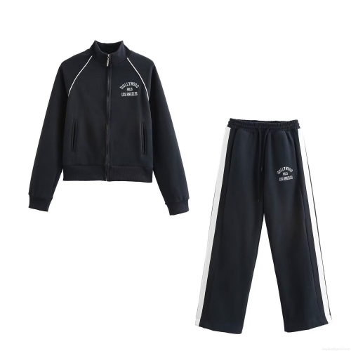 Women's Casual 2 Piece Sweatshirt Set Polyester Stand Collar Zipper Jacket And Wide Leg Pants Letter Print Tracksuit Sporty Streetwear Outfit