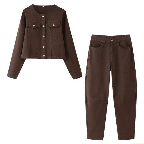 Women's Retro Dark Brown Denim Two Piece Outfits Single-Breasted Short Jacket And High Waist Wide Leg Pants Utility Style Streetwear Casual Suits