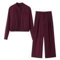 Women's 2-Piece Set Solid Burgundy Bomber Jacket Coat and High Waist Wide Leg Pleated Pants Casual Office Work Street Outfit Suits