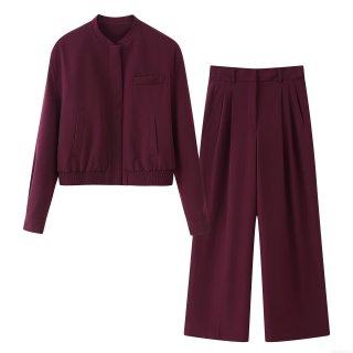 Women's 2-Piece Set Solid Burgundy Bomber Jacket Coat and High Waist Wide Leg Pleated Pants Casual Office Work Street Outfit Suits