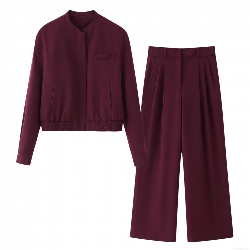 Women's 2-Piece Set Solid Burgundy Bomber Jacket Coat and High Waist Wide Leg Pleated Pants Casual Office Work Street Outfit Suits
