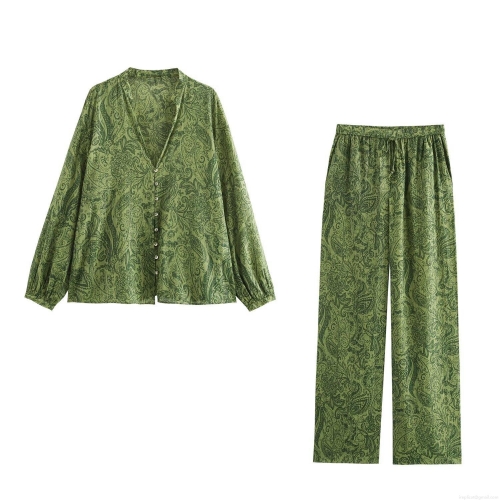 Women's Casual Green Paisley Print Two Piece Set Polyester Metallic Thread Long Sleeve Button Down Shirt And Wide Leg Pants Streetwear Outfit