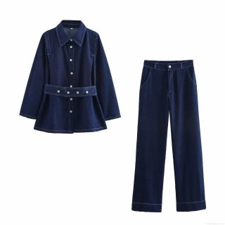 Women's Dark Blue Denim Set Contrast Stitching Lapel Jacket With Belt And High Waist Wide Leg Pants Casual Streetwear Two Piece Outfit