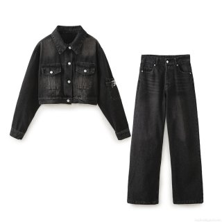 Women's Washed Black Denim Two-Piece Set 100% Cotton Streetwear Distressed Cropped Jacket And High Waist Wide Leg Pants Outfits