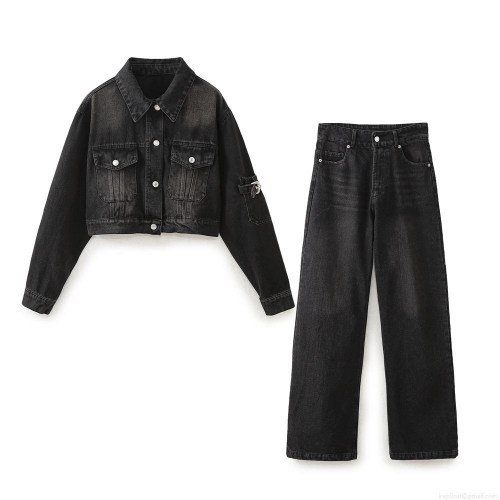 Women's Washed Black Denim Two-Piece Set 100% Cotton Streetwear Distressed Cropped Jacket And High Waist Wide Leg Pants Outfits