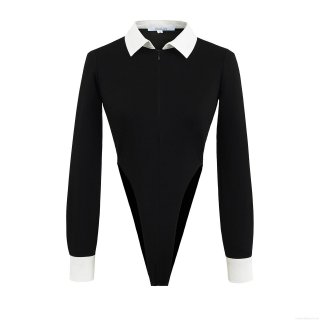 Women's Contrast Color Two Piece Set Lapel Long Sleeve Zipper Bodysuit and High Waist Straight Leg Pants with Metal Buckle Casual Streetwear Suits