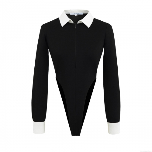 Women's Contrast Color Two Piece Set Lapel Long Sleeve Zipper Bodysuit and High Waist Straight Leg Pants with Metal Buckle Casual Streetwear Suits