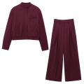 Women's Two Piece Set Wine Red Flight Jacket and Wide Leg Pants Casual Streetwear Polyester Twill Matching Outfits Suit For Women