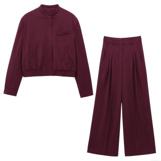 Women's Two Piece Set Wine Red Flight Jacket and Wide Leg Pants Casual Streetwear Polyester Twill Matching Outfits Suit For Women