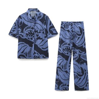 Women's 2 Piece Outfit Sets Short Sleeve Button Down Shirt And High Waisted Wide Leg Pants Abstract Leaf Print Casual Streetwear Summer Holiday Vacation Tracksuits