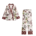 Women's Vacation Floral Print Kimono Wrap Top And Straight Wide Leg Pants Set Vintage Dragonfly Pattern Polyester Two Piece Outfits For Summer Streetwear