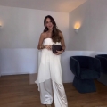 Women's Elegant Milk White Satin Tube Top And Wide Leg Pants Set Irregular Hem Strapless Top High Waist Trousers Two Piece Outfits Streetwear