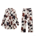 Women's Cow Print Satin Shirt And Pants Set Long Sleeve Button Down Lapel Top Straight Leg Trousers Casual Two Piece Lounge Outfit