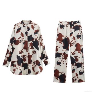 Women's Cow Print Satin Shirt And Pants Set Long Sleeve Button Down Lapel Top Straight Leg Trousers Casual Two Piece Lounge Outfit