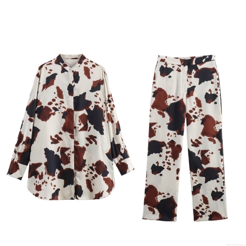 Women's Cow Print Satin Shirt And Pants Set Long Sleeve Button Down Lapel Top Straight Leg Trousers Casual Two Piece Lounge Outfit