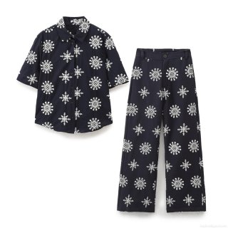 Women's Bohemian Cotton Blend Two-Piece Set Mandala Embroidery Short Sleeve Button Down Shirt and Wide Leg Pants Ethnic Print Casual Summer Outfit