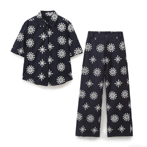 Women's Bohemian Cotton Blend Two-Piece Set Mandala Embroidery Short Sleeve Button Down Shirt and Wide Leg Pants Ethnic Print Casual Summer Outfit