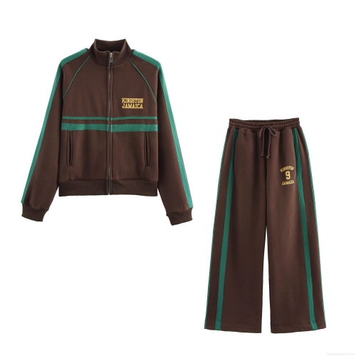 Women Vintage Cotton Blend Tracksuit Set Retro Kingston Jamaica Print Zip Up Stand Collar Jacket And Side Stripe Wide Leg Pants Streetwear Casual Sports Outfit