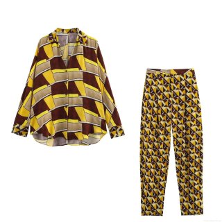 Women's Two Piece Outfits Geometric Print Long Sleeve Button Down Shirt And Straight Leg High Waist Trousers Casual Loose Matching Set For Ladies