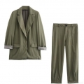 Women Casual Blazer Suit Two Piece Set Long Sleeve Roll-up Stripe Cuffs Jacket and High Waist Straight Leg Pants Olive Green Streetwear Outfit