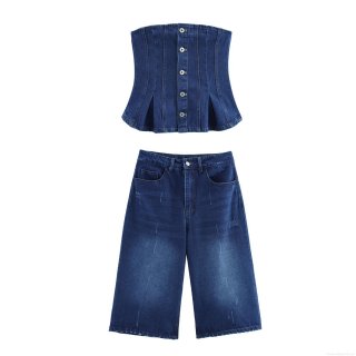 Women Denim Two Piece Set Cotton Blend Sexy Corset Top and High Waist Wide Leg Shorts Summer Streetwear Fashion Outfit Set