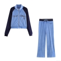 Women's Velvet Two Piece Tracksuit Set California 97 Embroidery Color Block Zip Up Jacket and Wide Leg Pants Casual Velour Loungewear Set