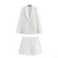 Women's Hollow Out Eyelet Embroidery Blazer Jacket And Shorts Two Piece Set Sexy White Long Sleeve Single Button Suit Coat Casual High Waist Shorts Elegant Streetwear Outfit