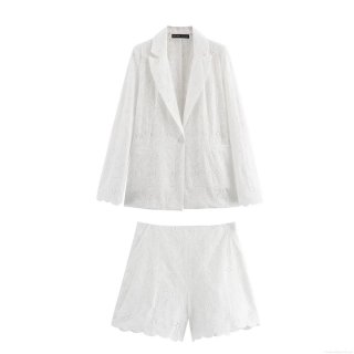 Women's Hollow Out Eyelet Embroidery Blazer Jacket And Shorts Two Piece Set Sexy White Long Sleeve Single Button Suit Coat Casual High Waist Shorts Elegant Streetwear Outfit