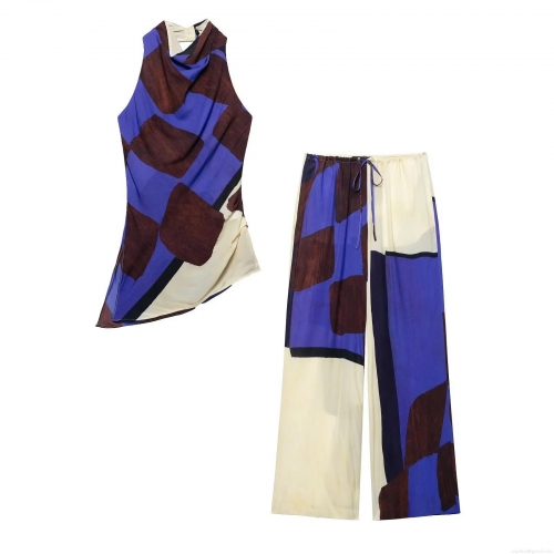Women's 2 Piece Outfits Abstract Geometric Print Halter Cowl Neck Irregular Hem Sleeveless Top And Wide Leg Pants Set Summer Casual Streetwear Party Clubwear Suit
