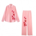 Women's Pink Satin Floral Print Two-Piece Set Elegant Long Sleeve Lapel Shirt and Wide Leg Pants Casual Socialite Outfit Satin Polyester