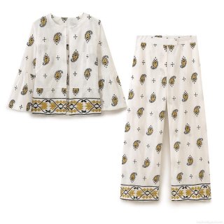 Women's Bohemian Paisley Embroidery Two-Piece Set Cotton Blend Open Front Flared Sleeve Top and Wide Leg Pants Casual Vacation Outfit