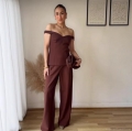 Women's 2 Piece Set Polyester Off-Shoulder V-Neck Corset Top And High Waist Wide Leg Pants Coffee Brown Elegant Streetwear Outfits For Women