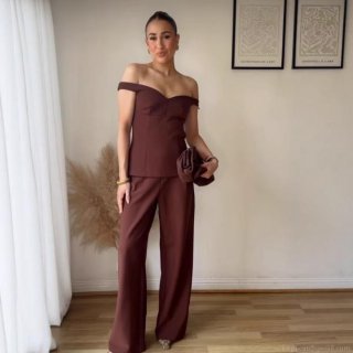 Women's 2 Piece Set Polyester Off-Shoulder V-Neck Corset Top And High Waist Wide Leg Pants Coffee Brown Elegant Streetwear Outfits For Women