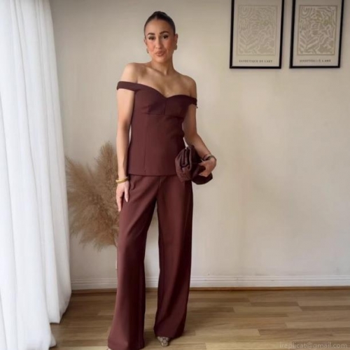 Women's 2 Piece Set Polyester Off-Shoulder V-Neck Corset Top And High Waist Wide Leg Pants Coffee Brown Elegant Streetwear Outfits For Women