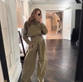 Women's Casual Two-Piece Cargo Set Olive Green Stand Collar Asymmetric Zipper Jacket and High Waist Wide Leg Cargo Pants Streetwear Outfit