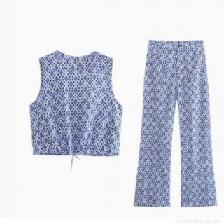 Women's Bohemian Geometric Rhombus Print Two Piece Set Cotton Blend Sleeveless Crop Top and High Waist Wide Leg Pants Casual Summer Streetwear Outfits