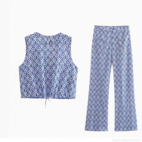 Women's Bohemian Geometric Rhombus Print Two Piece Set Cotton Blend Sleeveless Crop Top and High Waist Wide Leg Pants Casual Summer Streetwear Outfits