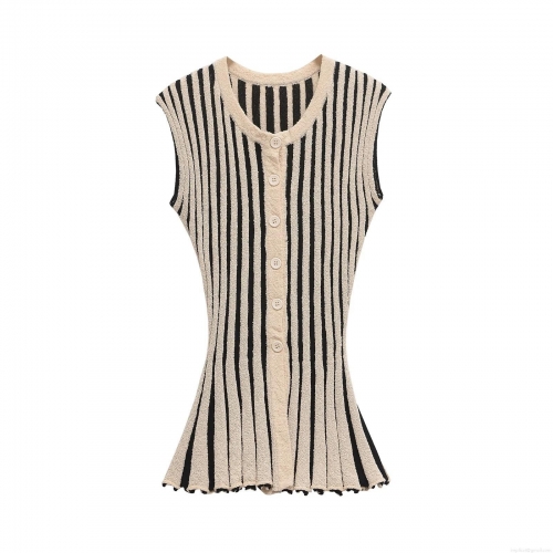 Women's Striped Knitted Two Piece Set Sleeveless Button Front Vest And High Waist Flare Pants Polyester Knit Slim Fit Chic Tracksuit For Ladies