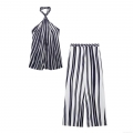 Women's Striped Two Piece Set 100% Polyester Halter Neck Sleeveless Backless Top and High Waist Wide Leg Pants Set Summer Casual Beach Vacation Outfits