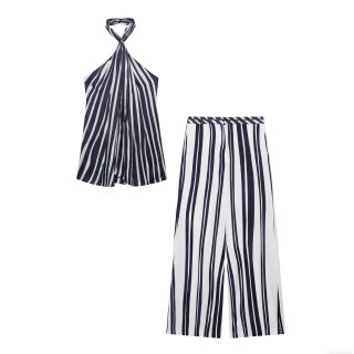 Women's Striped Two Piece Set 100% Polyester Halter Neck Sleeveless Backless Top and High Waist Wide Leg Pants Set Summer Casual Beach Vacation Outfits