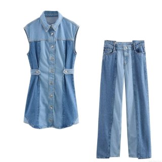 Women Patchwork Denim Two Piece Set Streetwear Casual Sleeveless Denim Jacket Vest Top And High Waisted Patchwork Denim Straight Pants Outfit For Women
