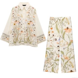 Women Floral Print Two Piece Set Long Sleeve Button Down Lapel Shirt And High Waisted Wide Leg Pants Polyester Casual Streetwear Vacation Outfits
