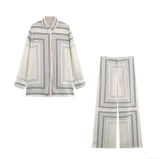 Women's Satin Printed Two Piece Outfit Set Geometric Long Sleeve Button Down Shirt And High Waist Wide Leg Pants Streetwear Casual Suit