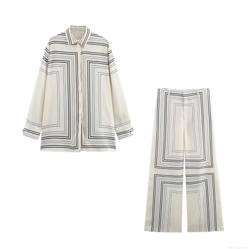 Women's Satin Printed Two Piece Outfit Set Geometric Long Sleeve Button Down Shirt And High Waist Wide Leg Pants Streetwear Casual Suit