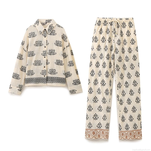 Women's Ethnic Embroidery Cotton Polyester Vacation Two Piece Set Lotus Print Shirt And Elastic Waist Pants Casual Streetwear Long Sleeve Blouse Set