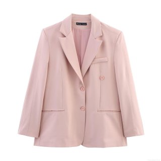 Women's Casual Pink Blazer Trousers Set Polyester Woven Long Sleeve Button Notch Lapel Blazer And Elastic Waist Drawstring Wide Leg Pants Suit For Commute Streetwear