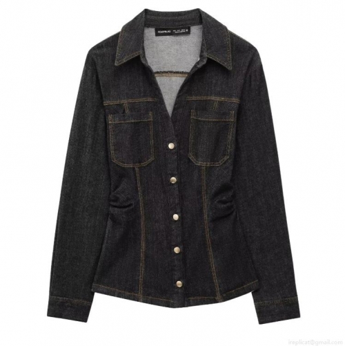 Women's Fashion Slim Denim Shirt and High Waisted Straight Leg Pants Two-Piece Set Long Sleeve Button Down Top with Contrast Stitching Streetwear Suit