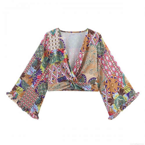 Bohemian Print Women's Polyester Two Piece Set Deep V Neck Flare Sleeve Crop Top High Waist Wide Leg Pants Ethnic Patchwork Beach Holiday Outfit