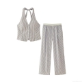 Women's Casual Stripe Two Piece Set Halter Neck Backless Vest Top And Wide Leg Pants Outfits Fashion Summer Streetwear Tracksuits For Women Coffee Blue