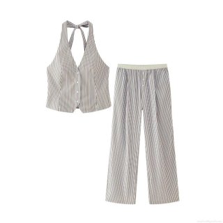 Women's Casual Stripe Two Piece Set Halter Neck Backless Vest Top And Wide Leg Pants Outfits Fashion Summer Streetwear Tracksuits For Women Coffee Blue